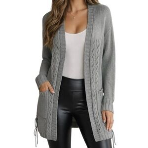 ONE A Cable Knit Gray Open Longline Cardigan Sweater Pockets Lace Up L